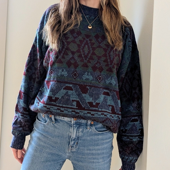 Vintage Sweaters - Vintage Abstract Geometric Crewneck Sweater In Blue/Burgundy